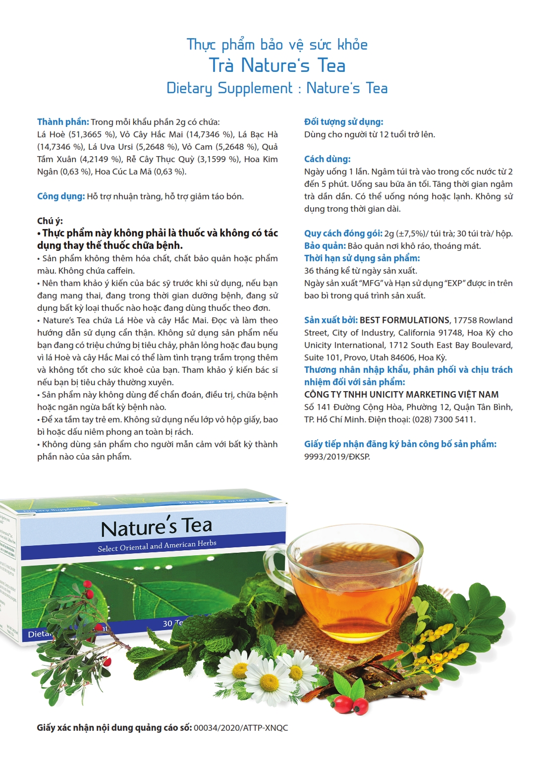 (410k)Trà Thải Độc Ruột Nature's Tea Uni (hộp 30 gói)