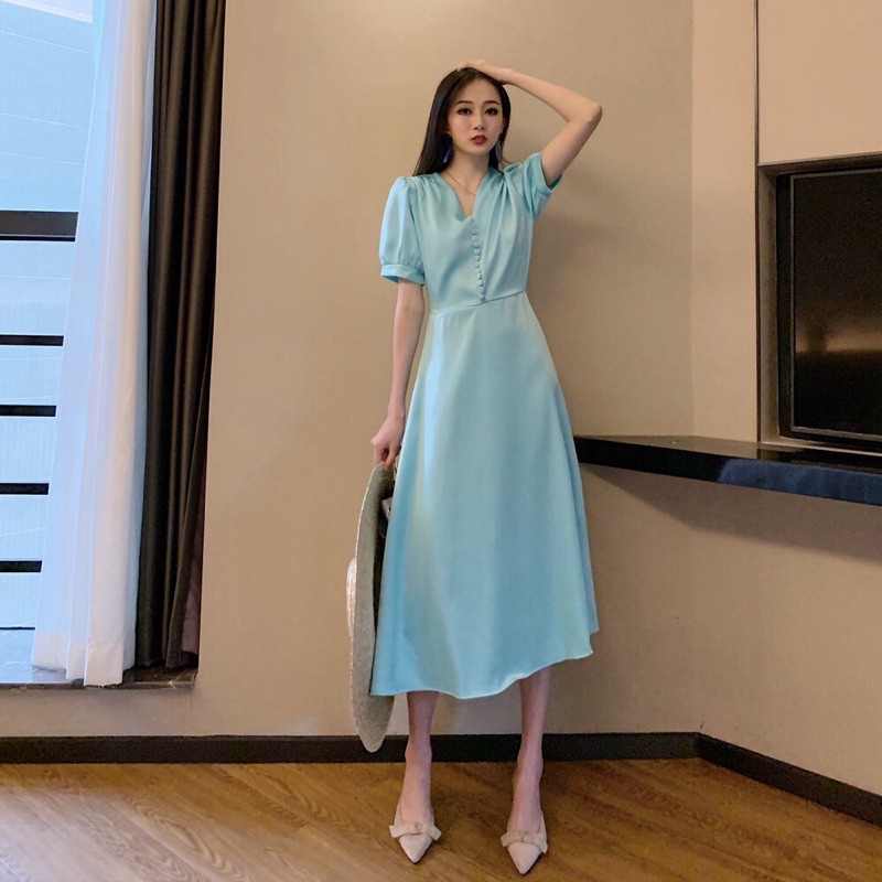 Đầm lụa cổ V phối cúc bọc B-A-M STORE (hàng may đẹp)