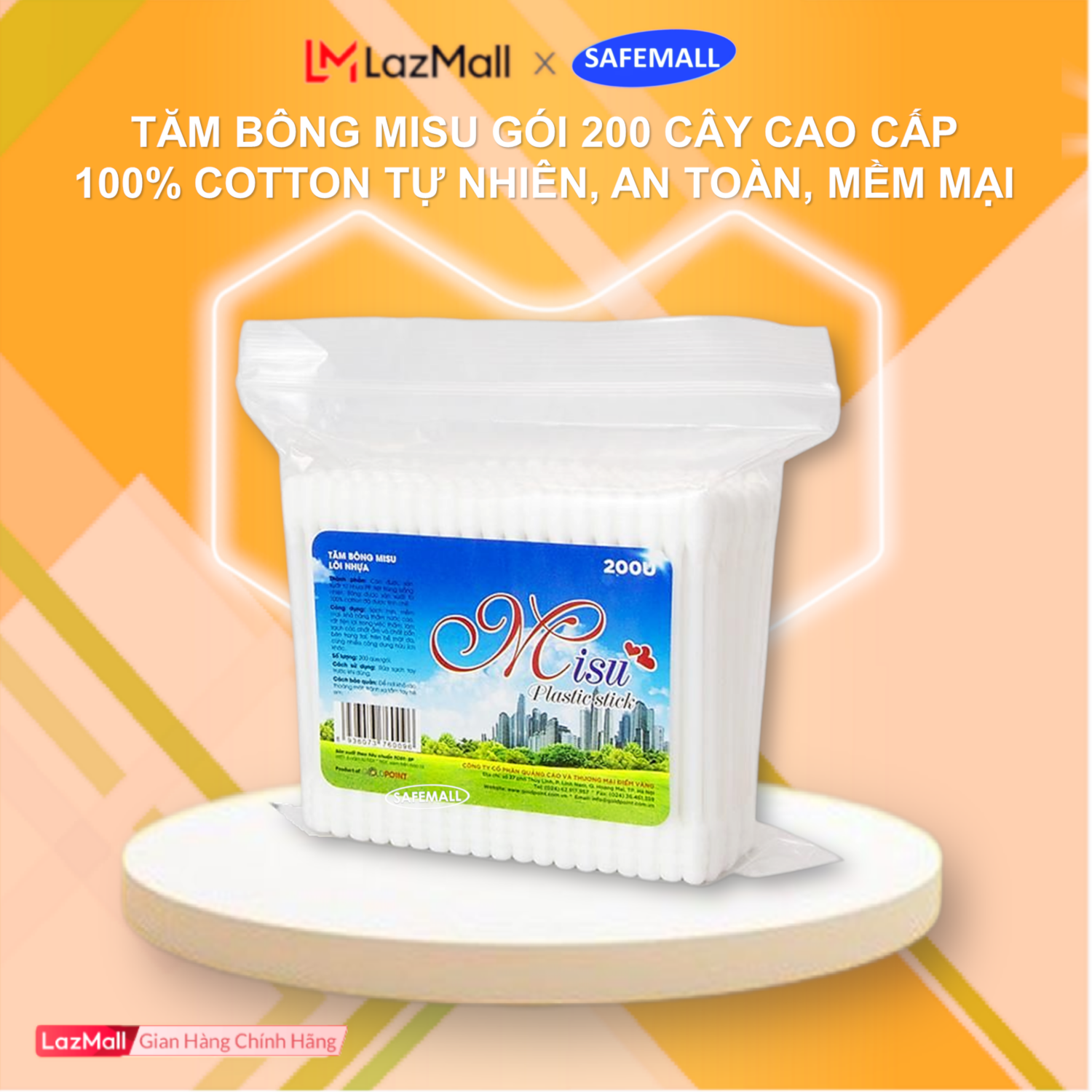 Tăm bông ráy tai Misu gói 200 que lõi nhựa cao cấp 100% cotton thấm hút tốt, Tăm bông Misu đa công dụng vệ sinh, trang điểm..., Tăm bông ráy tai người lớn trẻ em - Hàng chính hãng SafeMall