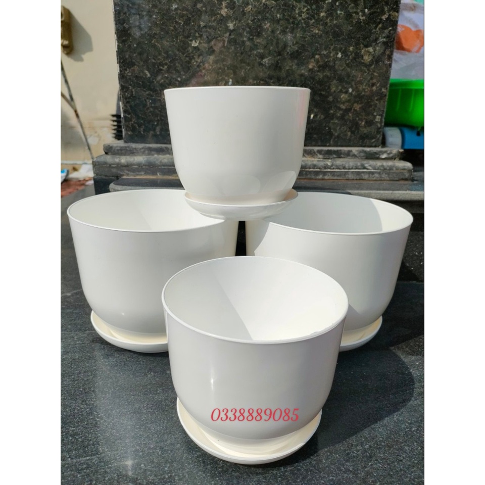 Chậu nhựa, chậu trồng cây, chậu trồng hoa, chậu nhựa giả sứ TH kèm đĩa siêu xinh, giống sứ 99%