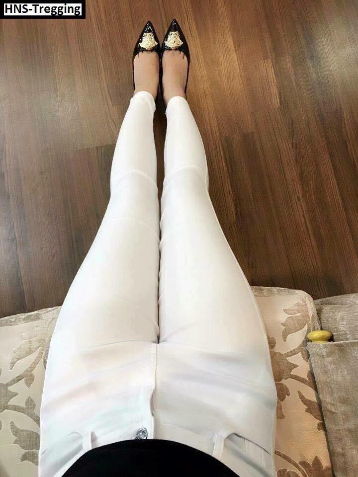 Quần Tregging Trắng Nữ Hàng Kaki Co Giãn Lưng Cao Rách Gối