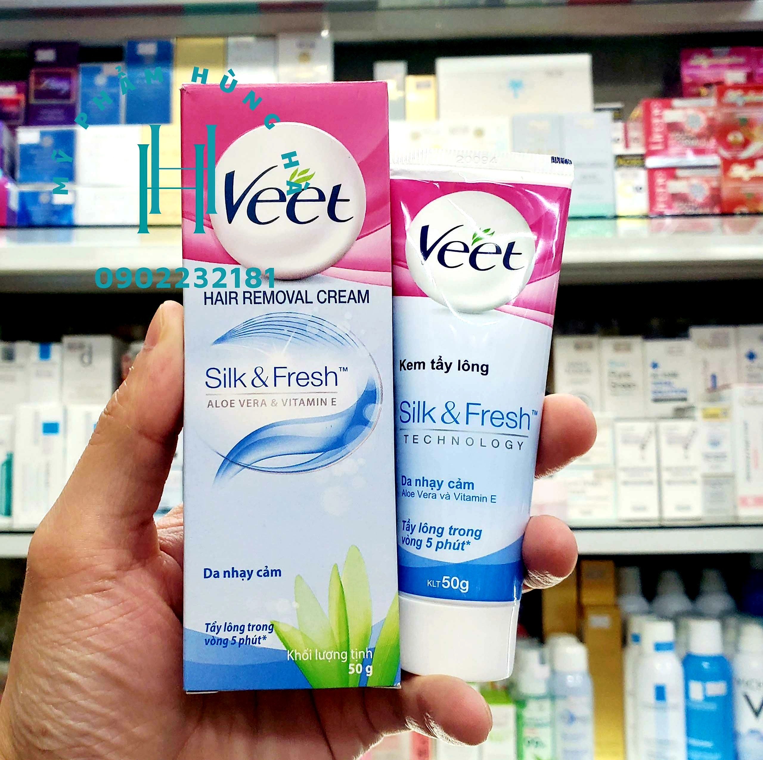 Kem tẩy lông Veet, kem triệt lông dành cho da nhạt cảm Veet Silk & Fresh Aloe Vera & Vitamin E 50g Kem tẩy lông Veet, kem triệt lông dành cho da nhạt cảm Veet Silk & Fresh Aloe Vera & Vitamin E 50g