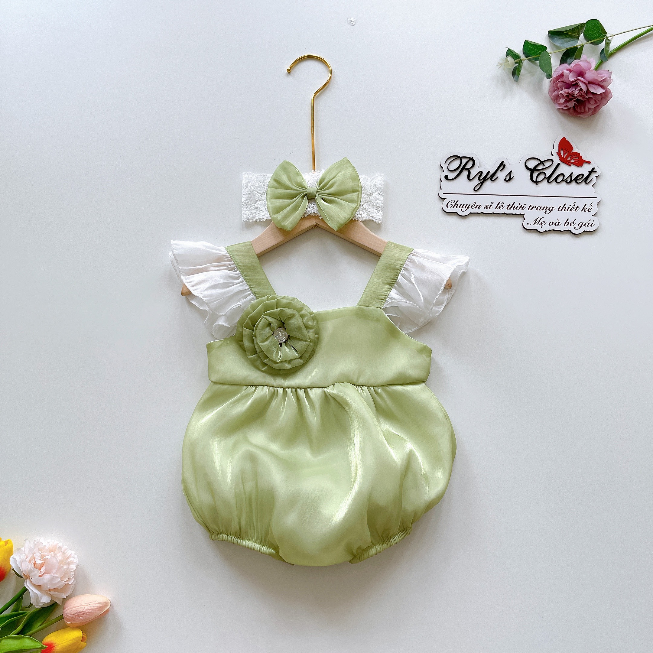 Body nơ bé gái 3 đến 12kg, Bodysuit tặng kèm turban cho bé gái