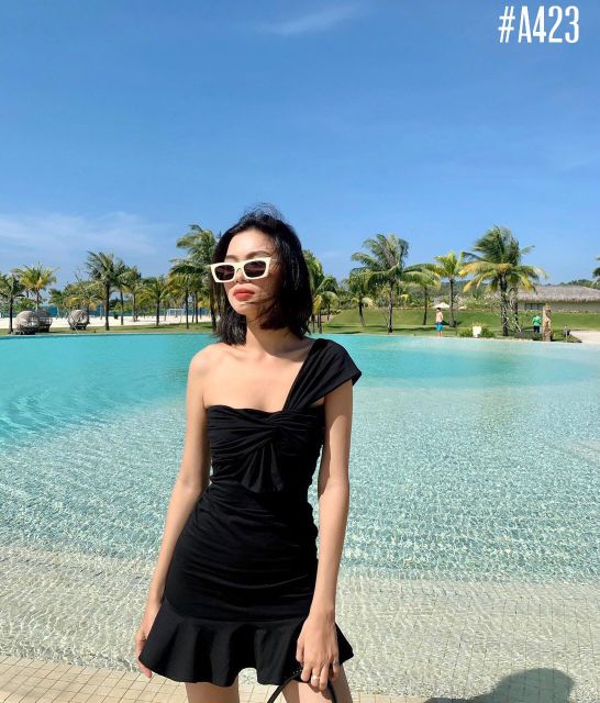 [Ảnh thật] Đầm thun body đen lệch vai lai bèo