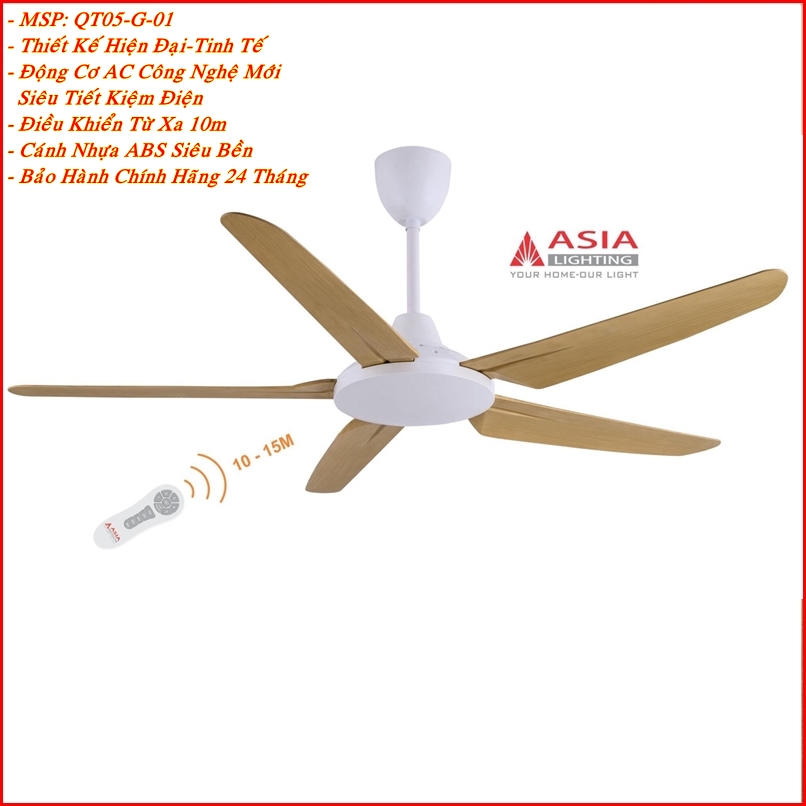 Quạt Trần 5 Cánh QT05-ASIA Chính Hãng Bảo Hành 2 Năm,Động Cơ Công Nghệ Mới Tiết Kiệm Điện,Điều Khiển 5 Tốc Độ Gió và 8 Chế Độ hẹn Giờ