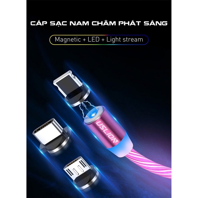 BỘ CÁP SẠC DÂY PHÁT SÁNG 3 ĐẦU HÚT NAM CHÂM - DÂY PHÁT SÁNG DÒNG ĐIỆN 3 ĐẦU