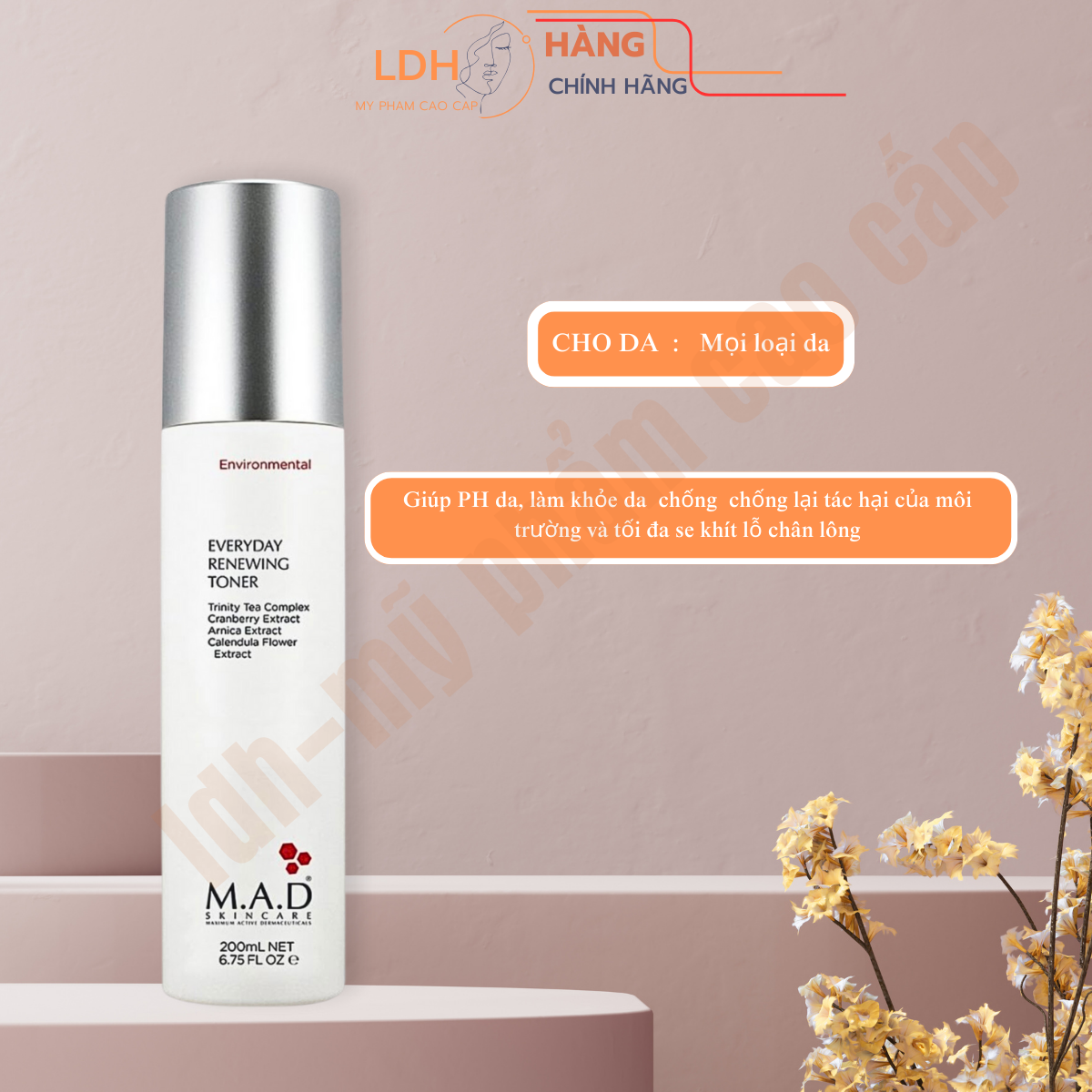 Nước hoa hồng thải độc và làm trắng da M.A.D(EVERYDAY RENEWING TONER)200ml