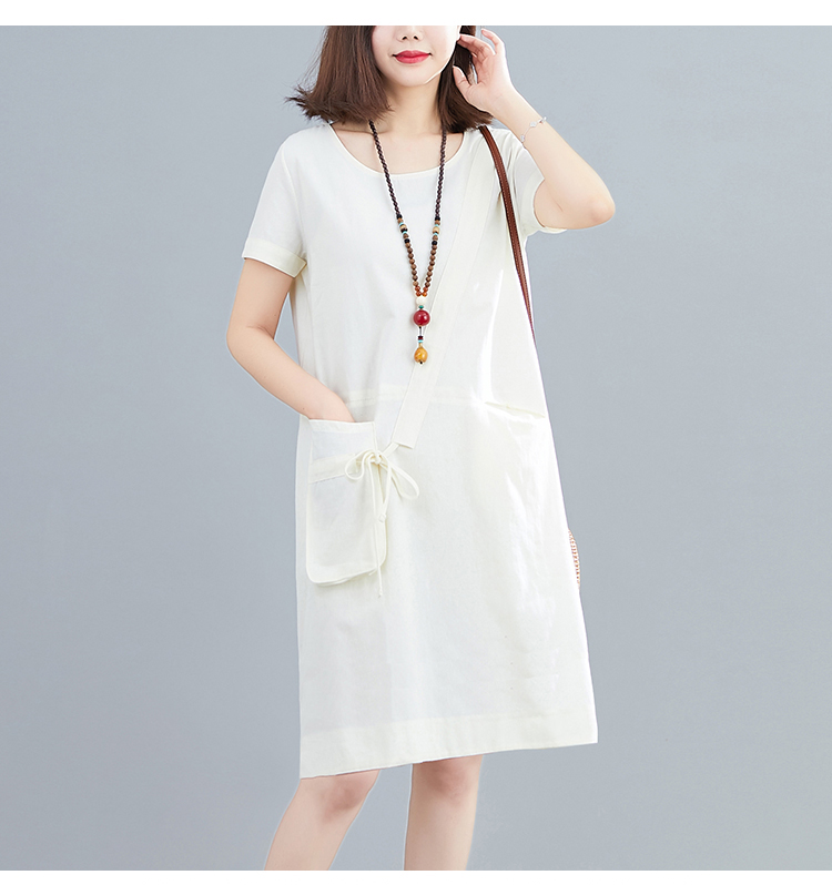 Đầm suông cổ tròn phối túi hộp chất đũi mềm mát thấm hút mồ hôi thời trang phong cách Hàn