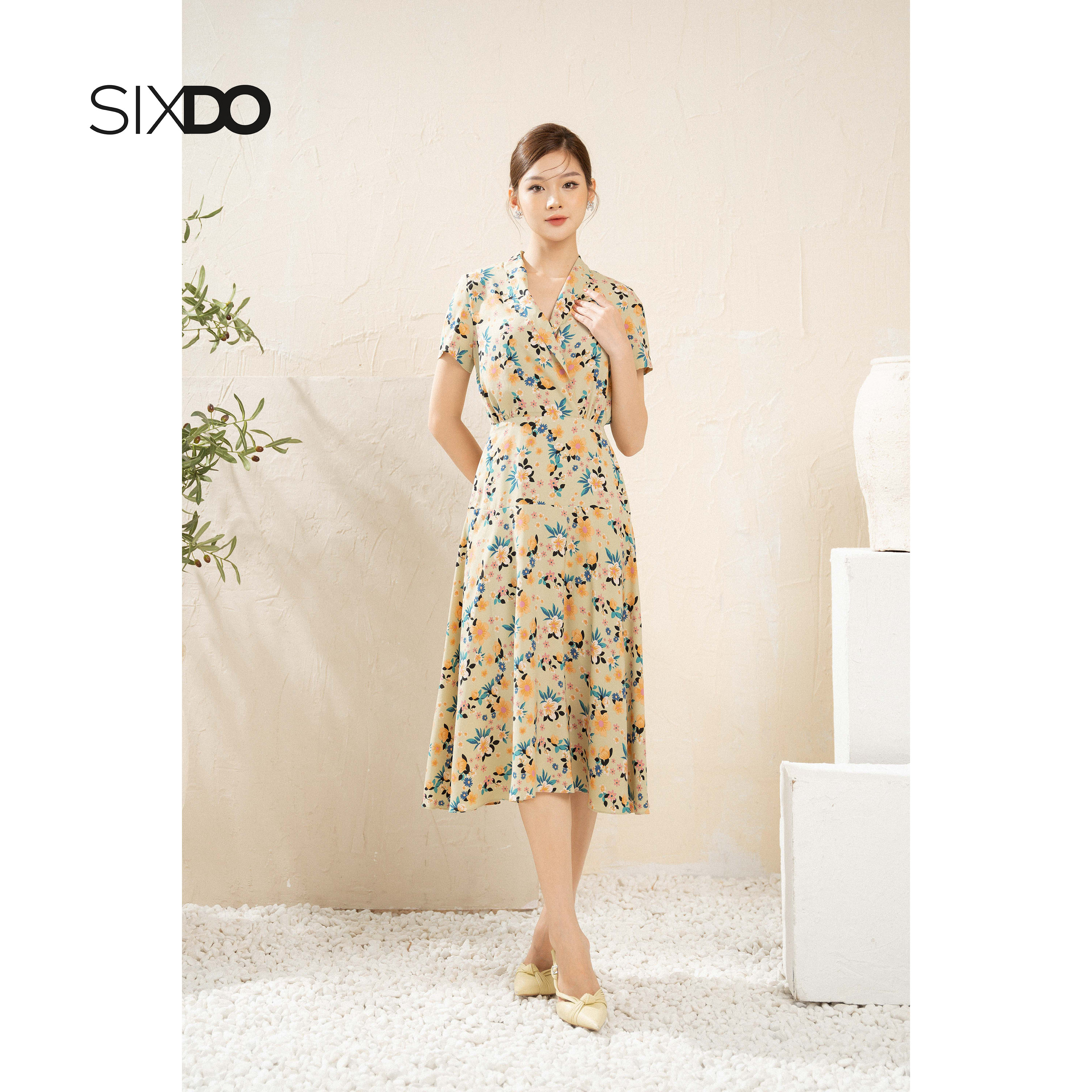 Đầm lụa midi hoa cổ V ngắn tay dáng xòe thời trang SIXDO