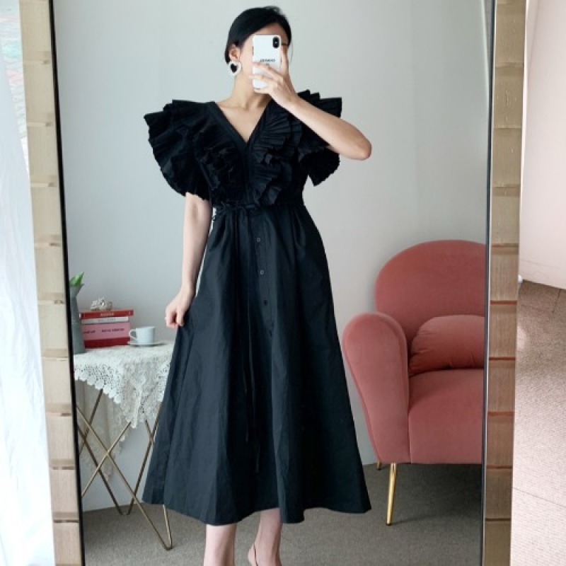 Hàn Quốc Chic Kiểu Pháp Trang Nhã Cổ Chữ V Khuy Một Hàng Công Nghiệp Nặng Xếp Li Viền Lá Sen Buộc Dây Bó Eo Lớn Mẫu Đầm