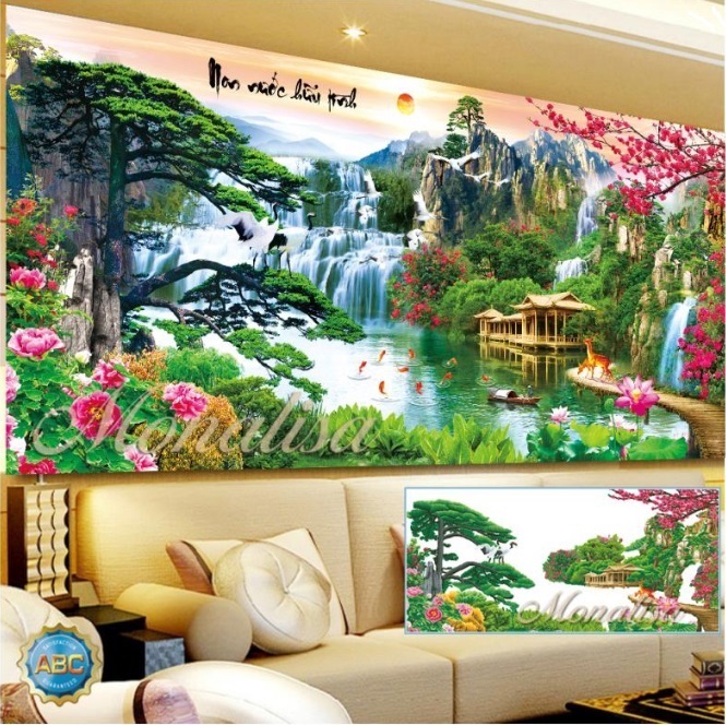 Tranh Đính Đá Phong Cảnh Non NƯớc Hữu Tình kích thước130x65cm