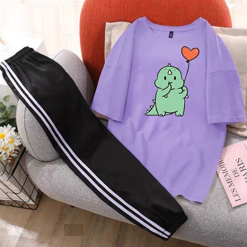 Sét Quần Áo Nữ Ngắn Tay Cotton In Khủng Long Bóng Tim Kèm Quần Thun Sọc Bo Chun Gấu