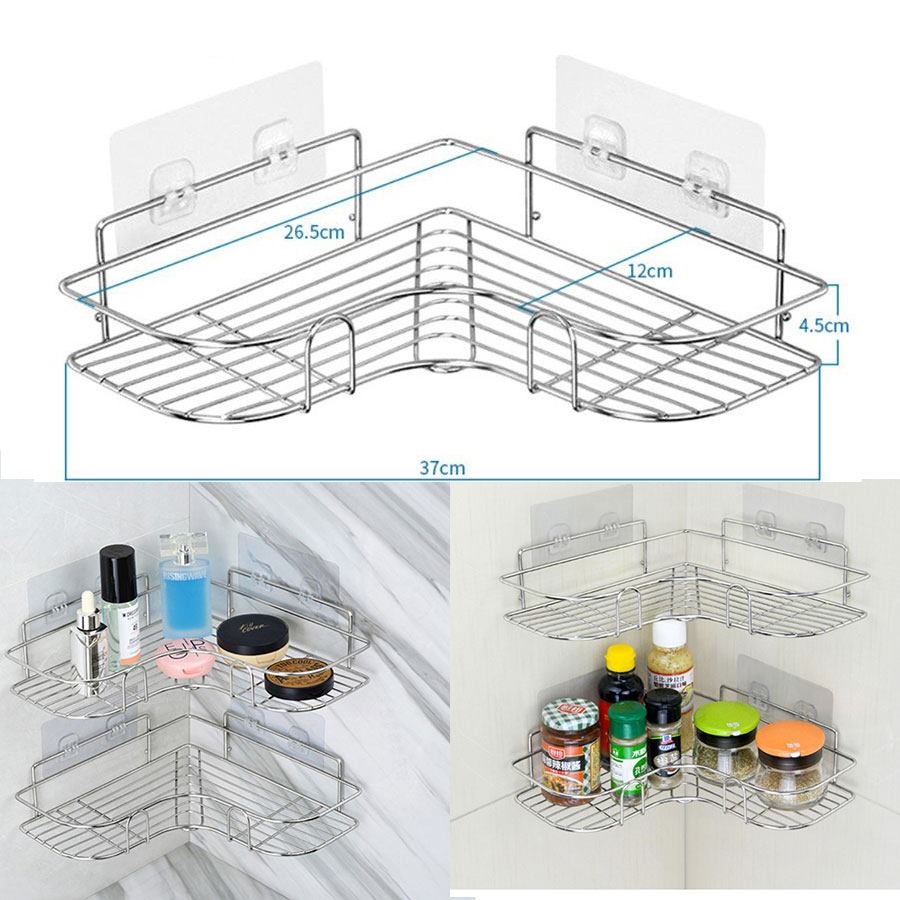 Kệ Góc Nhà Tắm INOX 201 sáng bóng không rỉ sét lắp đặt dán tường siêu chắc, Giá để đồ nhà tắm dính tường