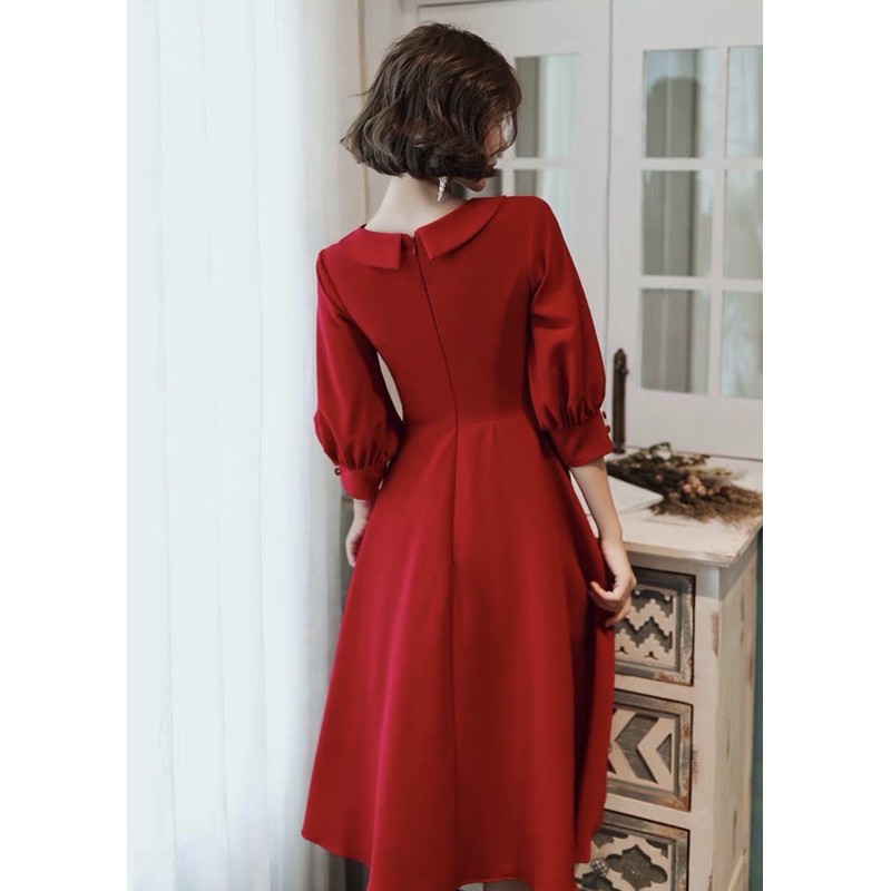 ĐẦM ĐỎ TAY DÀI, NÚT BỌC  (có ảnh thật) MS140