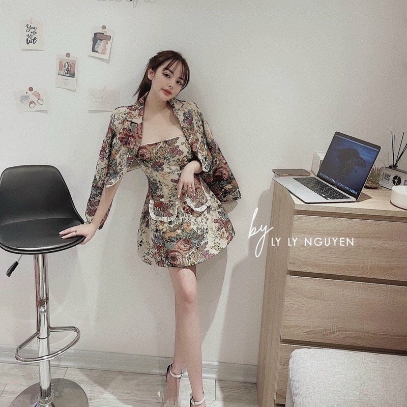 Set đầm 2 dây gấm hoa kèm áo khoác