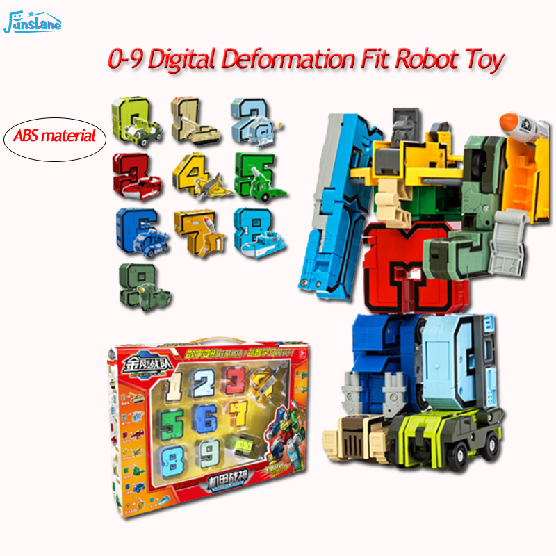 FunsLane 10 ชิ้น 0-9 หุ่นยนต์ปริศนา Creative Assembling Building Block Puzzle ดิจิตอลตุ๊กตาแปลงสภาพหุ่นยนต์เปลี่ยนเครื่องบินรถเด็กของขวัญของเล่นเพื่อการศึกษา Building Block Assembling Action ของเล่นรุ่น