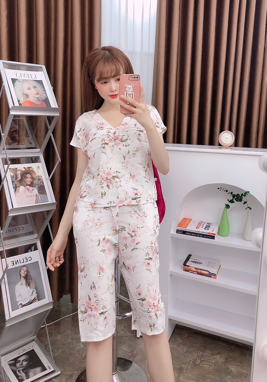 Bộ lụa mango mặc nhà bộ lụa lửng mango cổ V mặc nhà