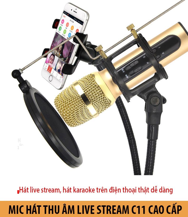 Trọn Bộ Thu Âm LiveTream Trên Điện Thoại Mic C11 Cực Hay Cực Đẹp Phù Hợp Với Mọi Loại Điện Thoại Mic Hat Karaoke Kiem LoaMicro Thu Âm Tại Nhà Micro Karaoke + Livestream Kiêm Sound Card 3 In 1 Cao Cấp