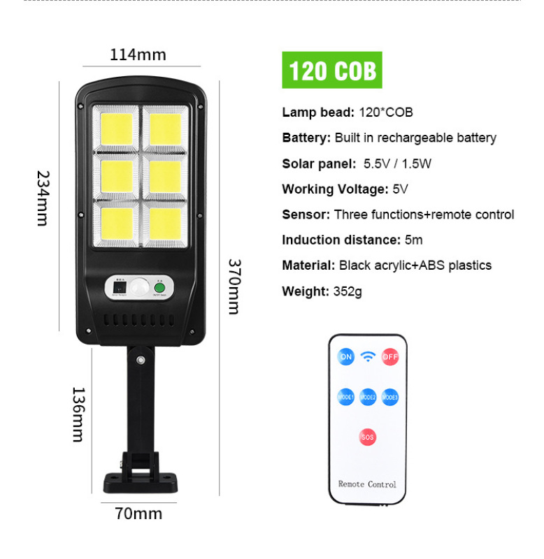 Đèn năng lượng mặt trời 100w, đèn led năng lượng sân vườn phát hiện chuyển động có điều khiển từ xa, bảo hành 12 tháng