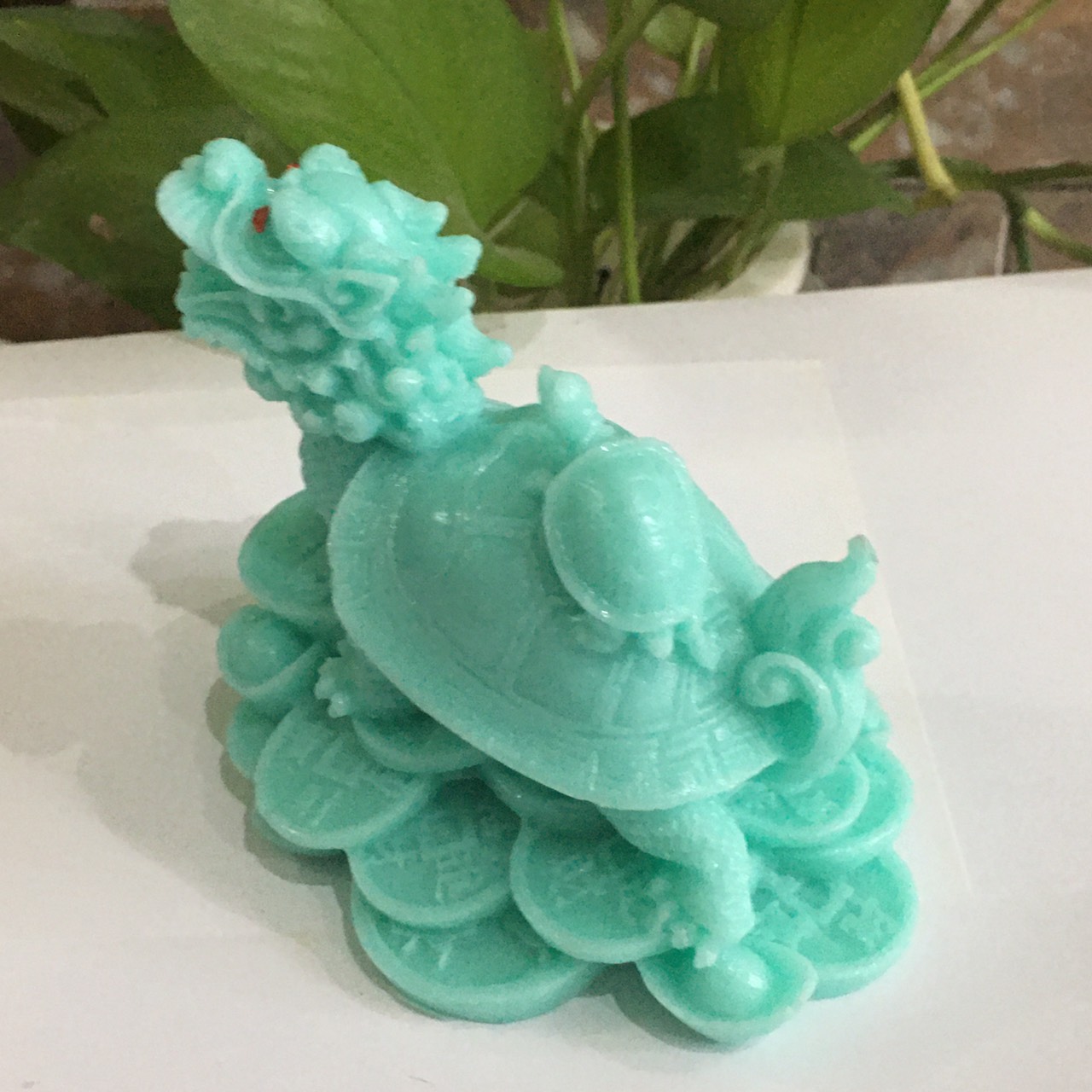 Tượng long quy cõng con màu xanh dài 12 cm