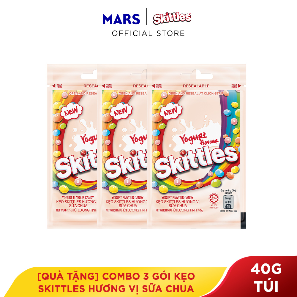 Quà tặng Combo 3 gói kẹo Skittles hương vị sữa chua gói 40g