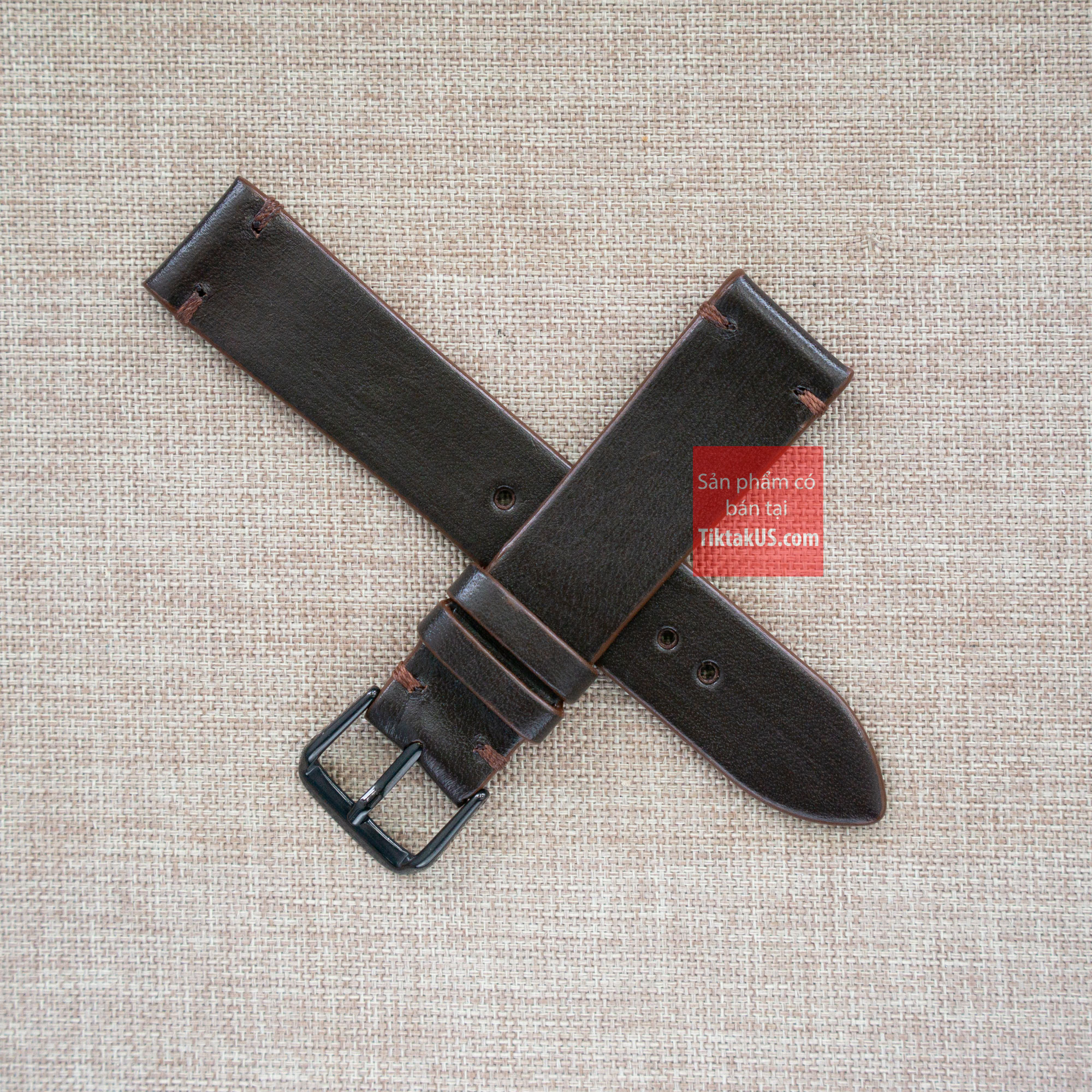 [HCM]Dây đồng hồ da bò thật Vintage không chỉ viền khóa thép đen Tặng kèm cây thay dây và 2 chốt đồng hồ Size từ 18mm đến 22mm