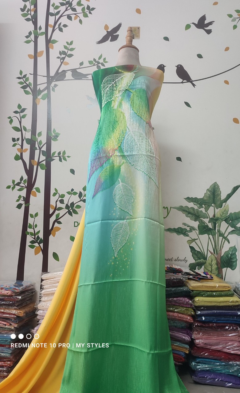 Vải áo dài cao cấp in KTS 3D lá đa sắc độc đáo - gấm lụa vân pháp