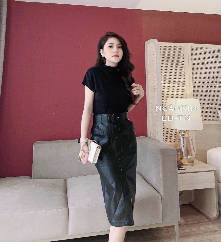 Chân váy da bút chì kèm đai - Hàng QC cao cấp