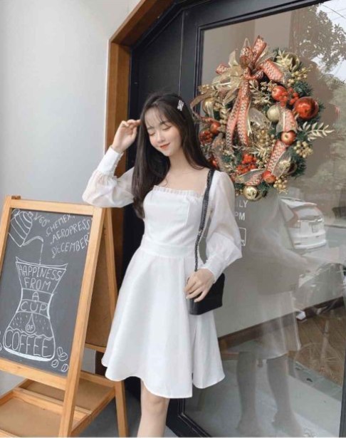 (THANH LÝ) Đầm Trắng Xòe Tay Phồng Dễ Thương