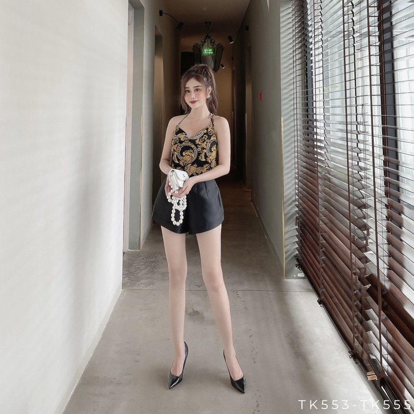 [Ảnh thật] Áo croptop dây yếm họa tiết cột nơ lưng