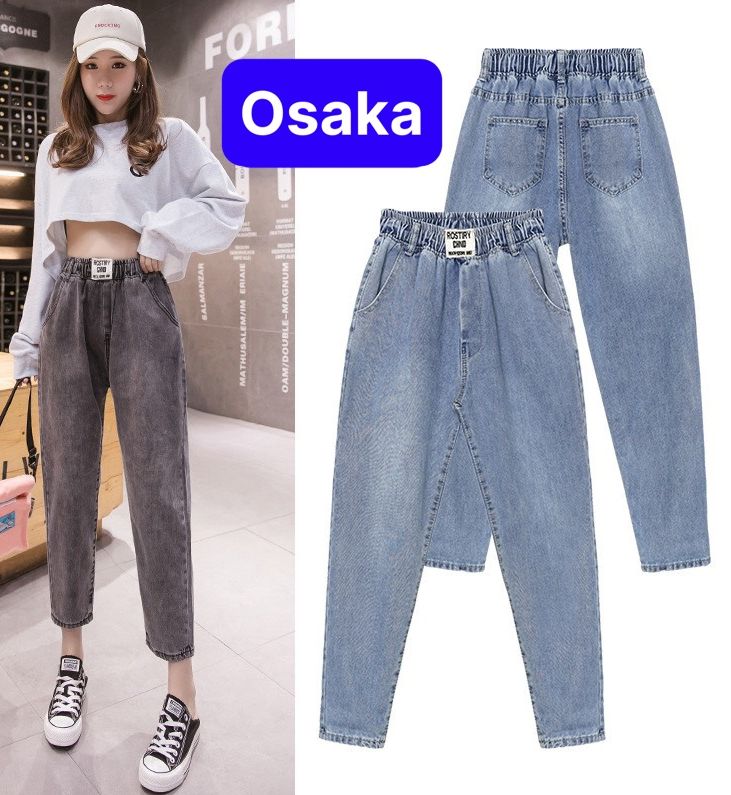 Quần jean baggy nữ chất bò 2 màu trơn cạp chun lưng thun lưng cạp cao nâng mông hot trend -osaka fashion