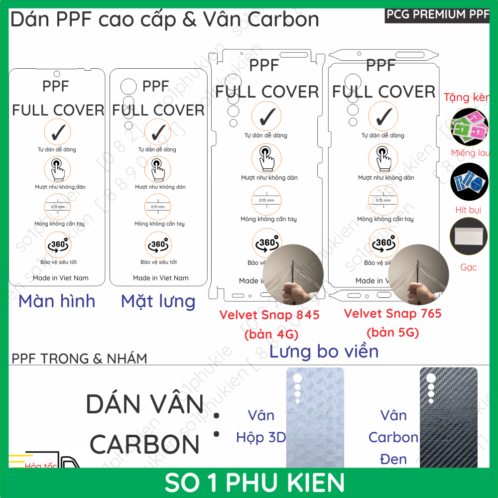 Dán ppf lg velvet snap 845 /lg velvet snap 765 loại trong, nhám dành cho màn hình, mặt lưng, full viền