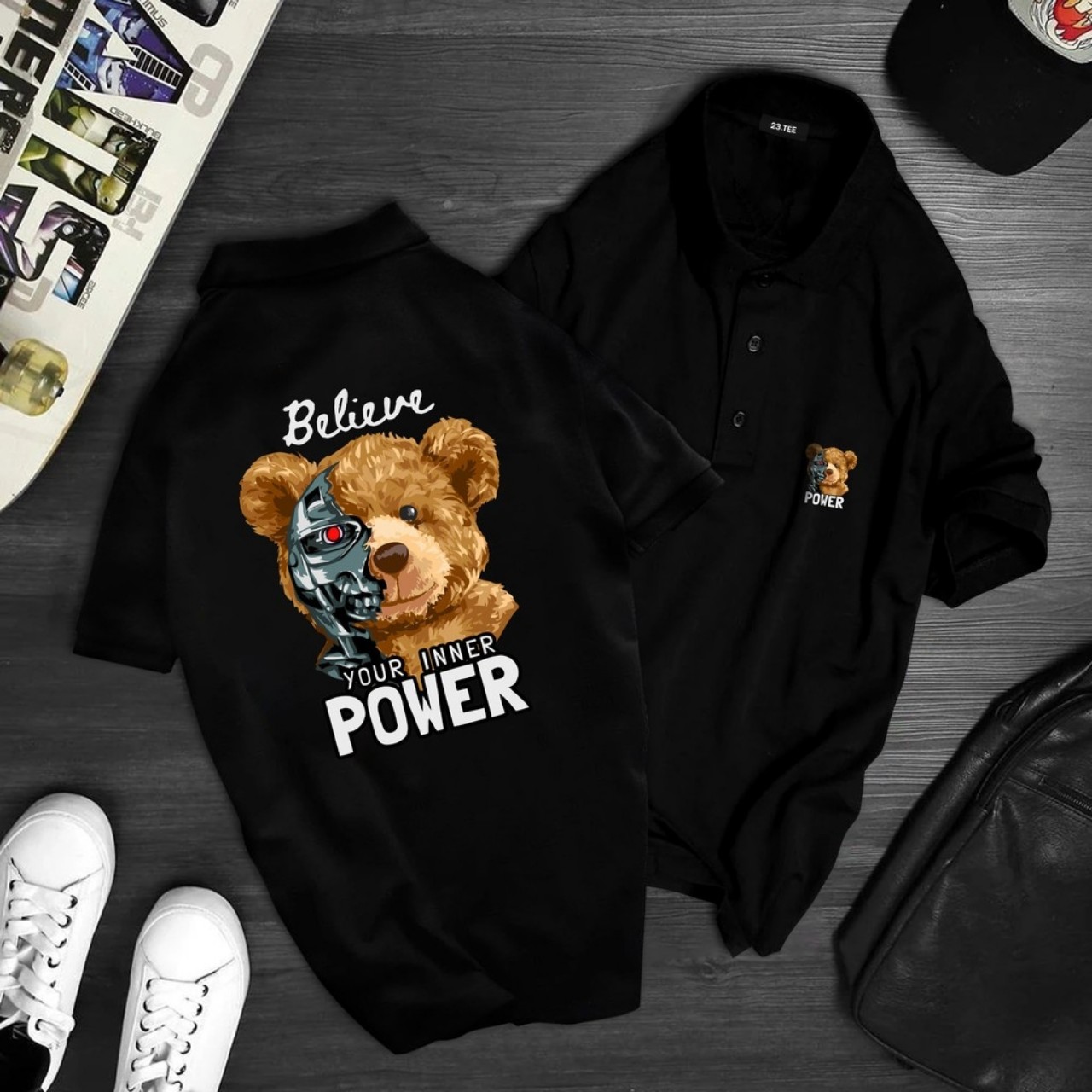 Áo thun cổ trụ cổ bâu gấu Power (THUN DA CÁ)