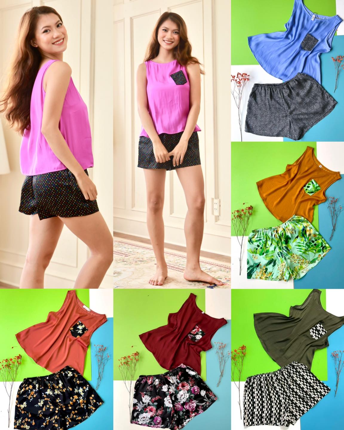 Bộ đùi lụa mặc nhà cổ tròn phối màu và hoa văn Infashion