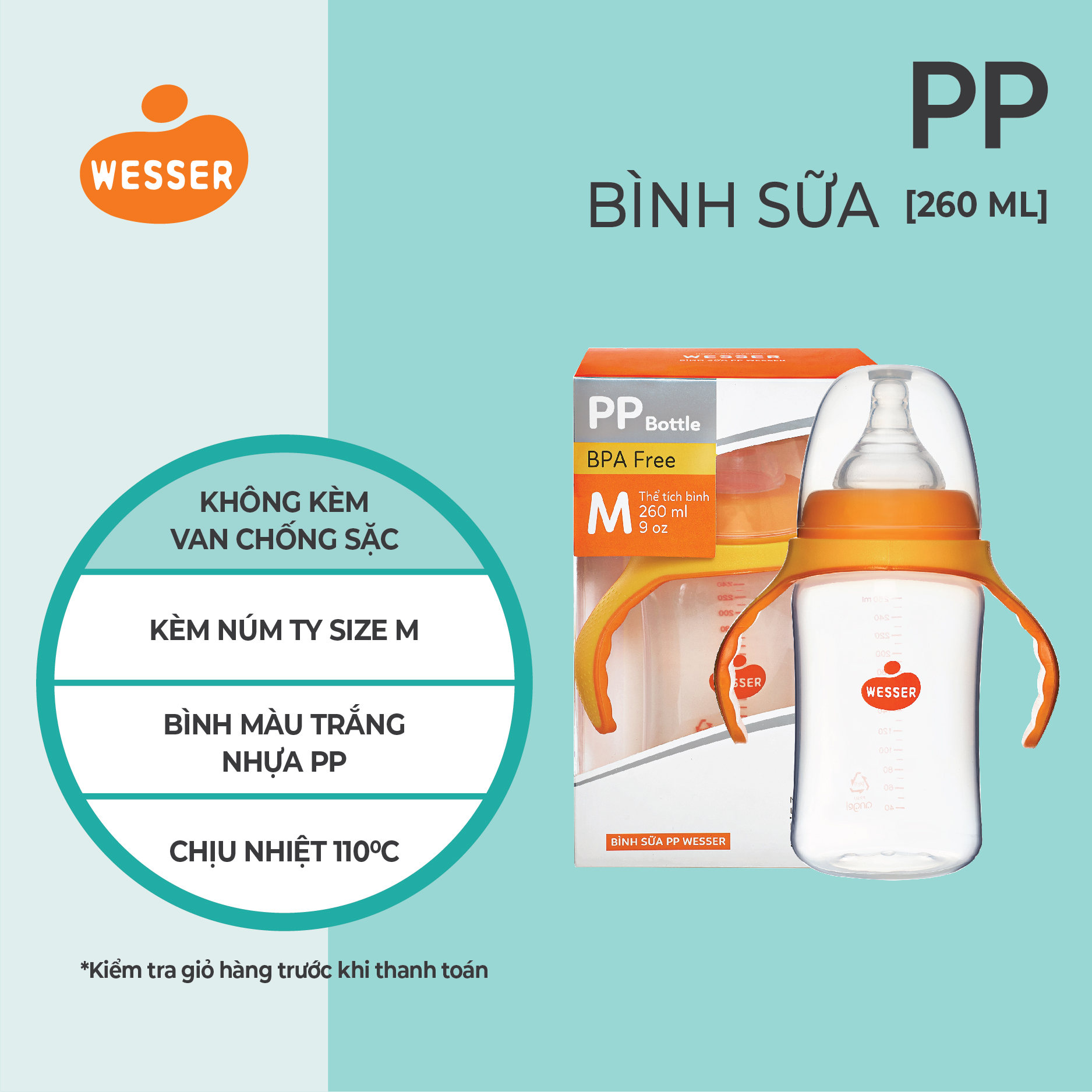 Bình sữa cổ rộng PP Wesser 180ml/260ml