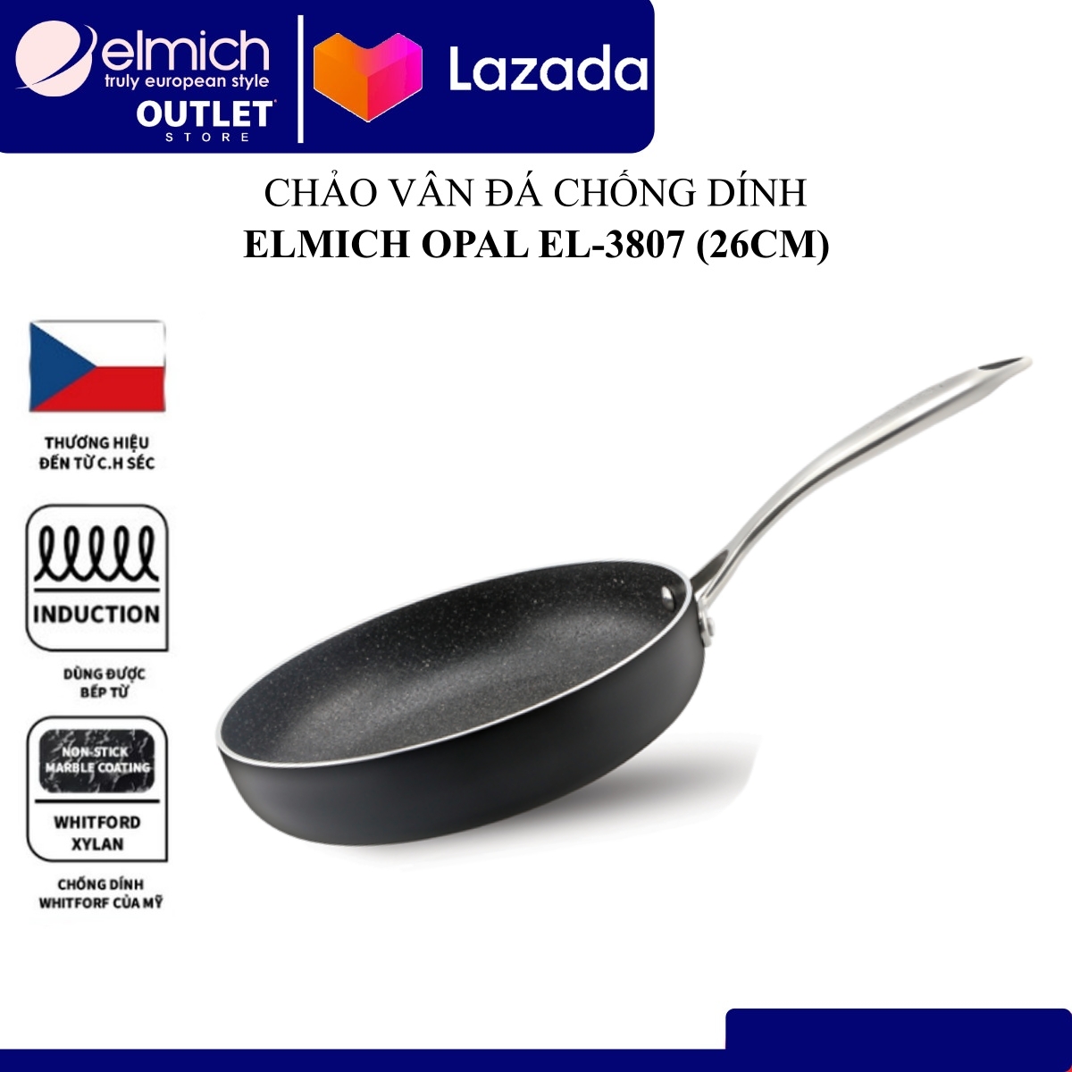 Chảo Chống Dính Vân Đá Đáy Từ Elmich Opal ( Size 20, 24, 26, 28cm)