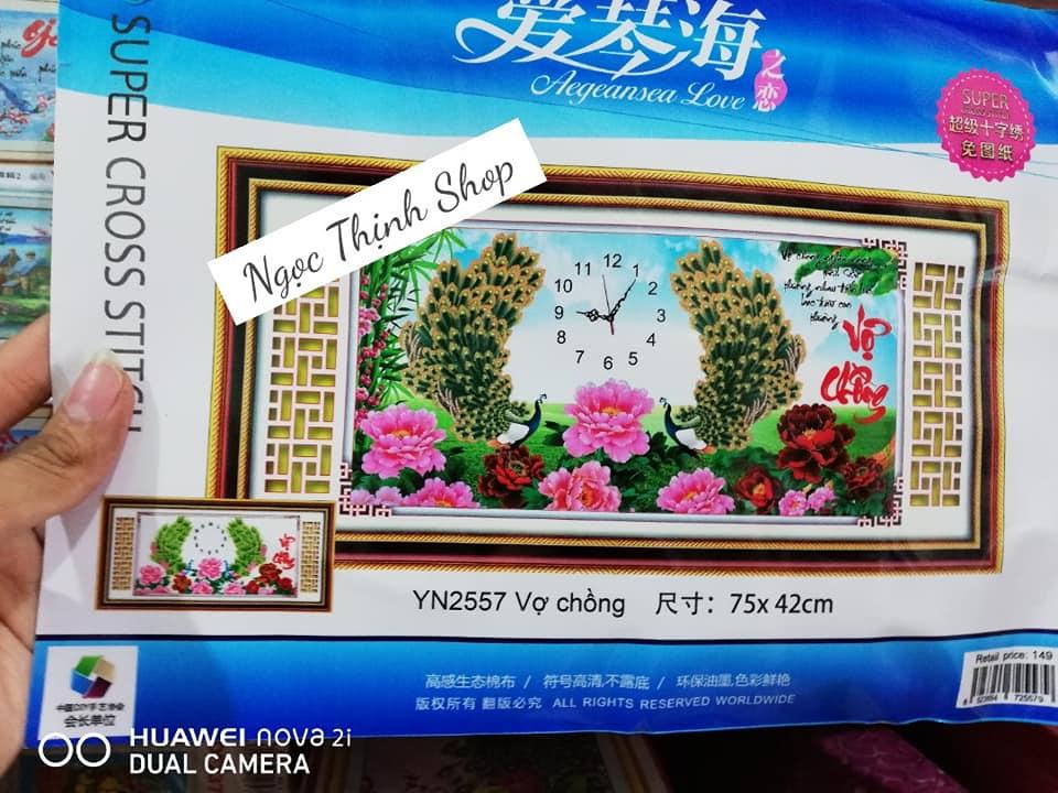 Tranh thêu chữ thập đồng hồ đôi công vợ chồng YN2557 KT:75x42cm