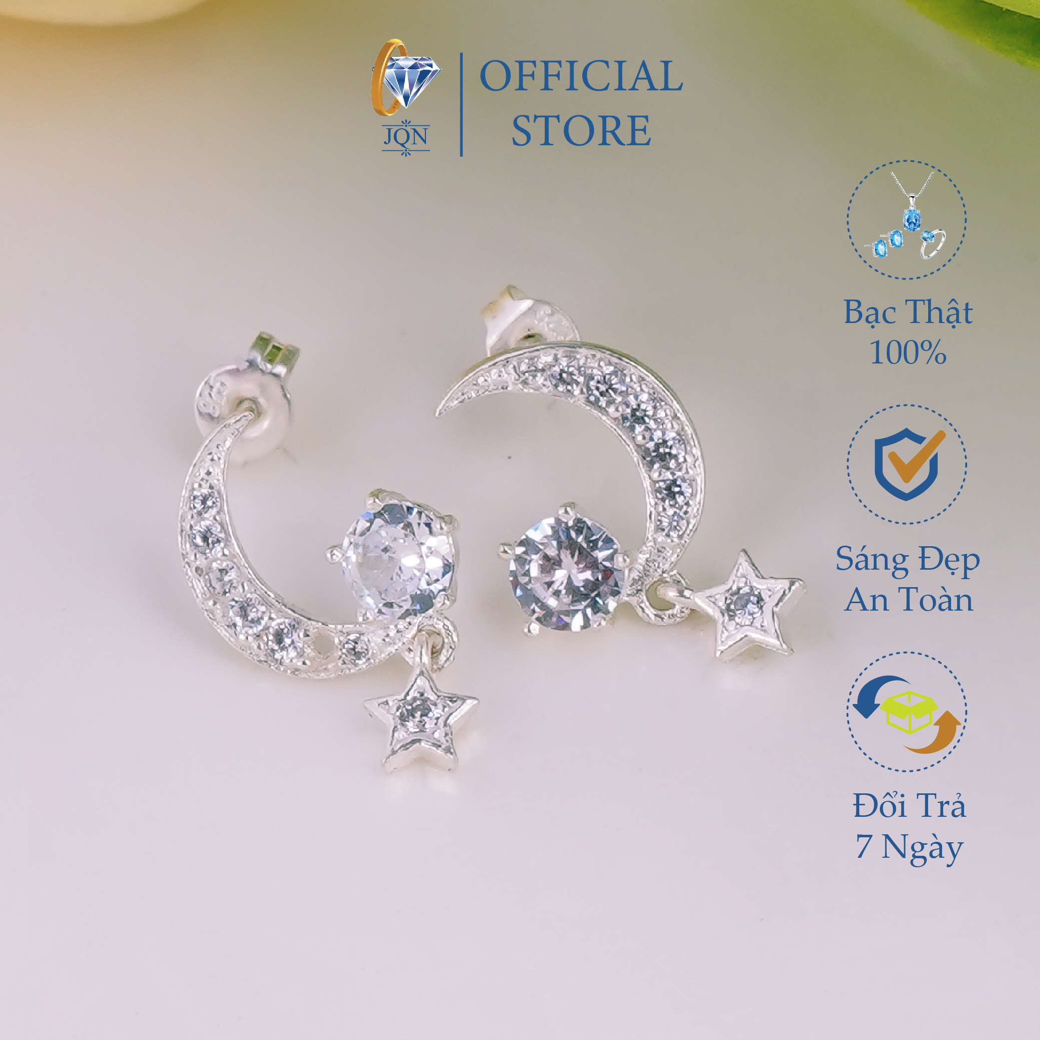 Bông tai bạc jqn khuyên nụ mẫu trăng sao đẹp