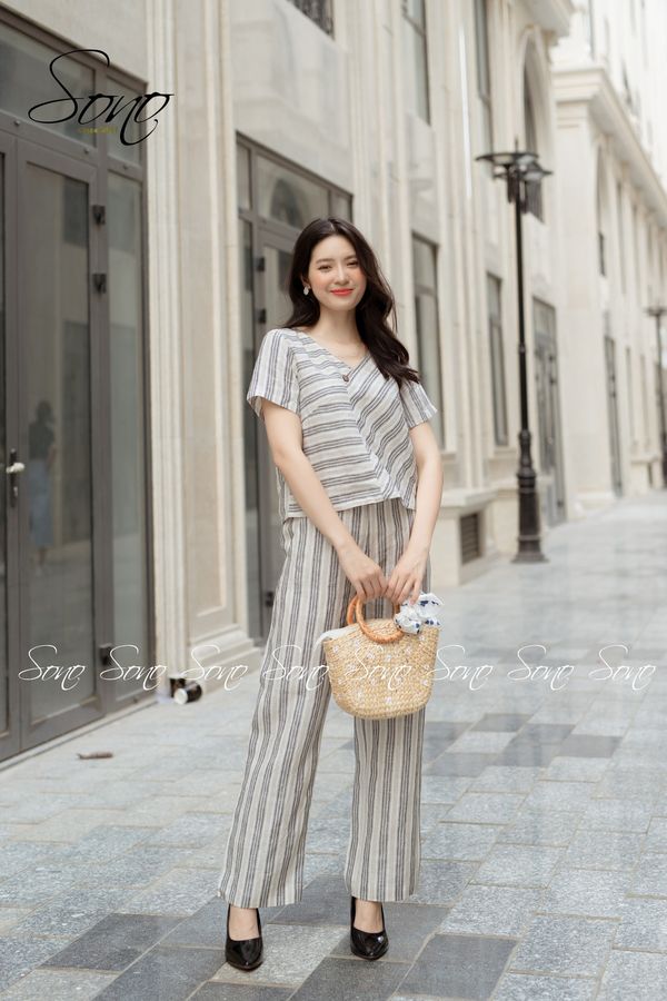 Sono - Bộ Sọc Dài Linen Cổ Tim Có Tay