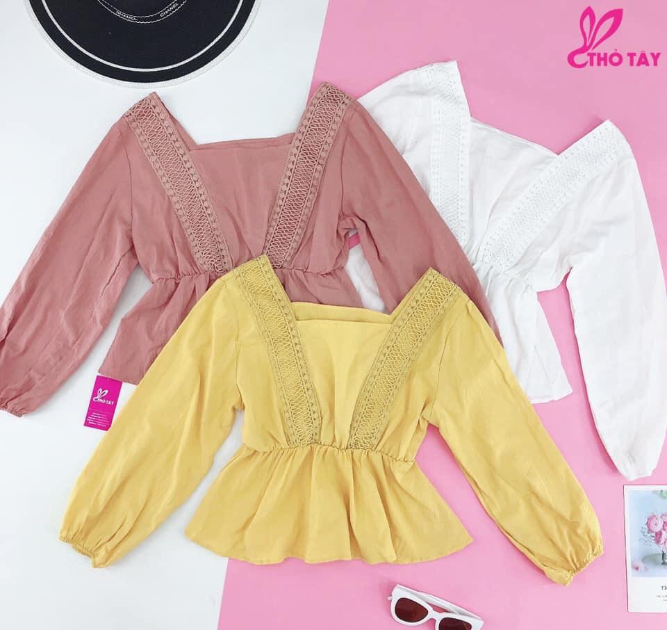 Áo Voan Kiểu Tay Dài Cổ Vuông Phối Bo Eo Kèm Chạy Hai Đường Ren Tiểu Thư TTS0768