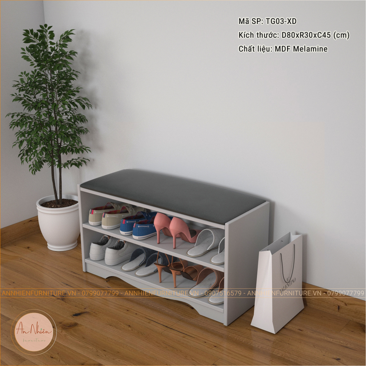 (TG03-CN)Tủ Giày Cao Cấp Kiêm Ghế Nệm Ngồi Thay Giày