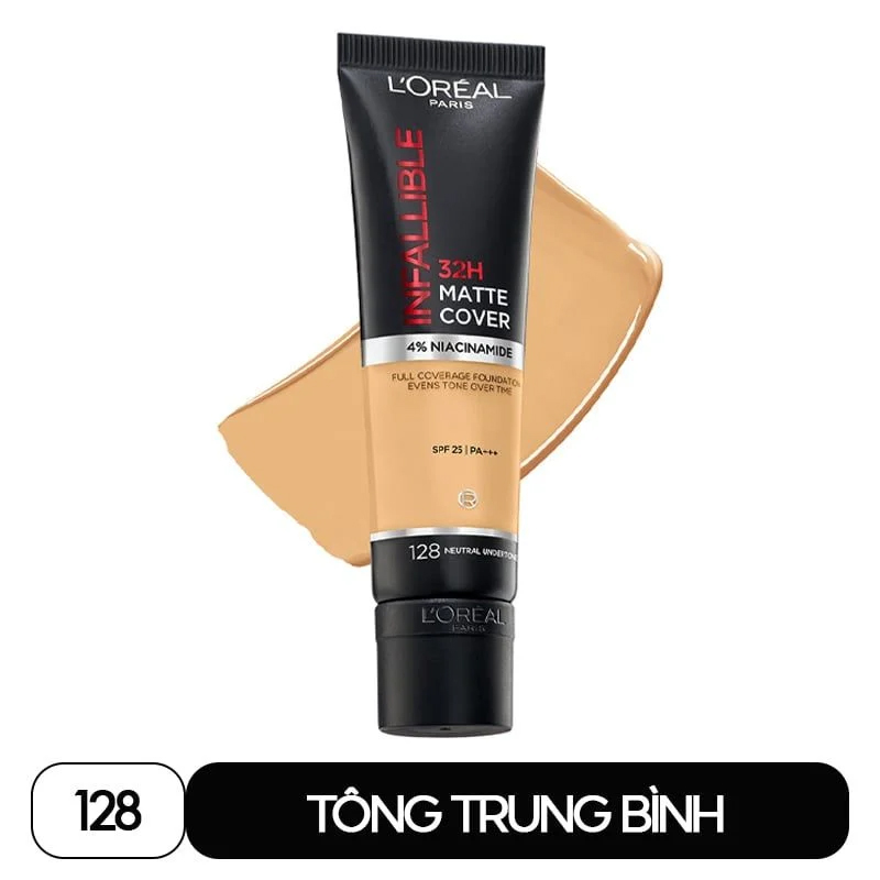 Kem nền che phủ cao, kiềm dầu, lâu trôi với 4% niacinamide l'oreal infallible 32h matte cover foundation spf25 pa+++ 30ml