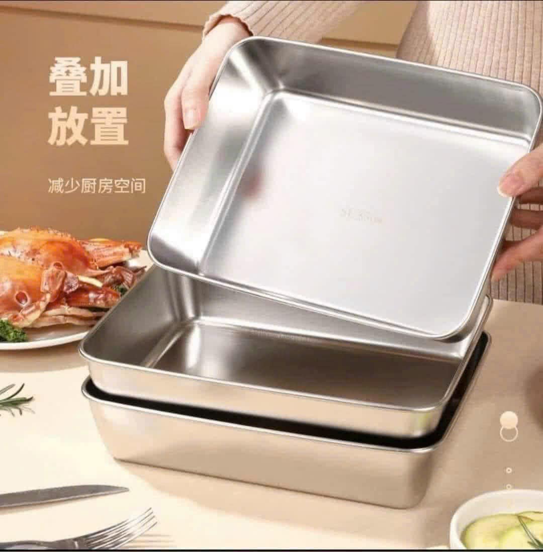 Set 3 khay chữ nhật inox 304 có nắp, cỡ lớn 20x25cm