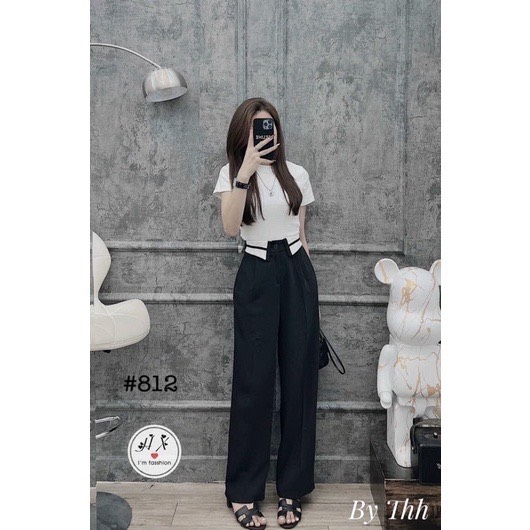 Quần Nữ Dáng Suông Ống Rộng Lưng Cao Kẻ Viền Cạp Gấp Phong Cách Ulzzang, Quần ống rộng vải ruby cạp khoá lưng cao 1 cúc cạp viền bẻ