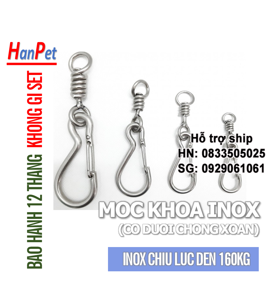 Hanpet - HN- 1 chiếc - Móc khóa 4 size Inox 304 siêu cứng, móc xích inox có chống xoắn Móc inox có đuôi chống xoắn (Inox 304 nguyên chất) dùng cho dây dắt chó hoặc móc dây balo dã ngoại