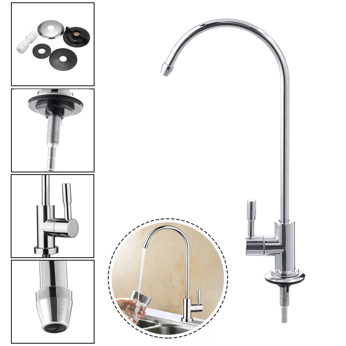 Vòi vặn cổ ngỗng inox tay gạt dùng cho máy lọc nước R.O - Nối nhanh