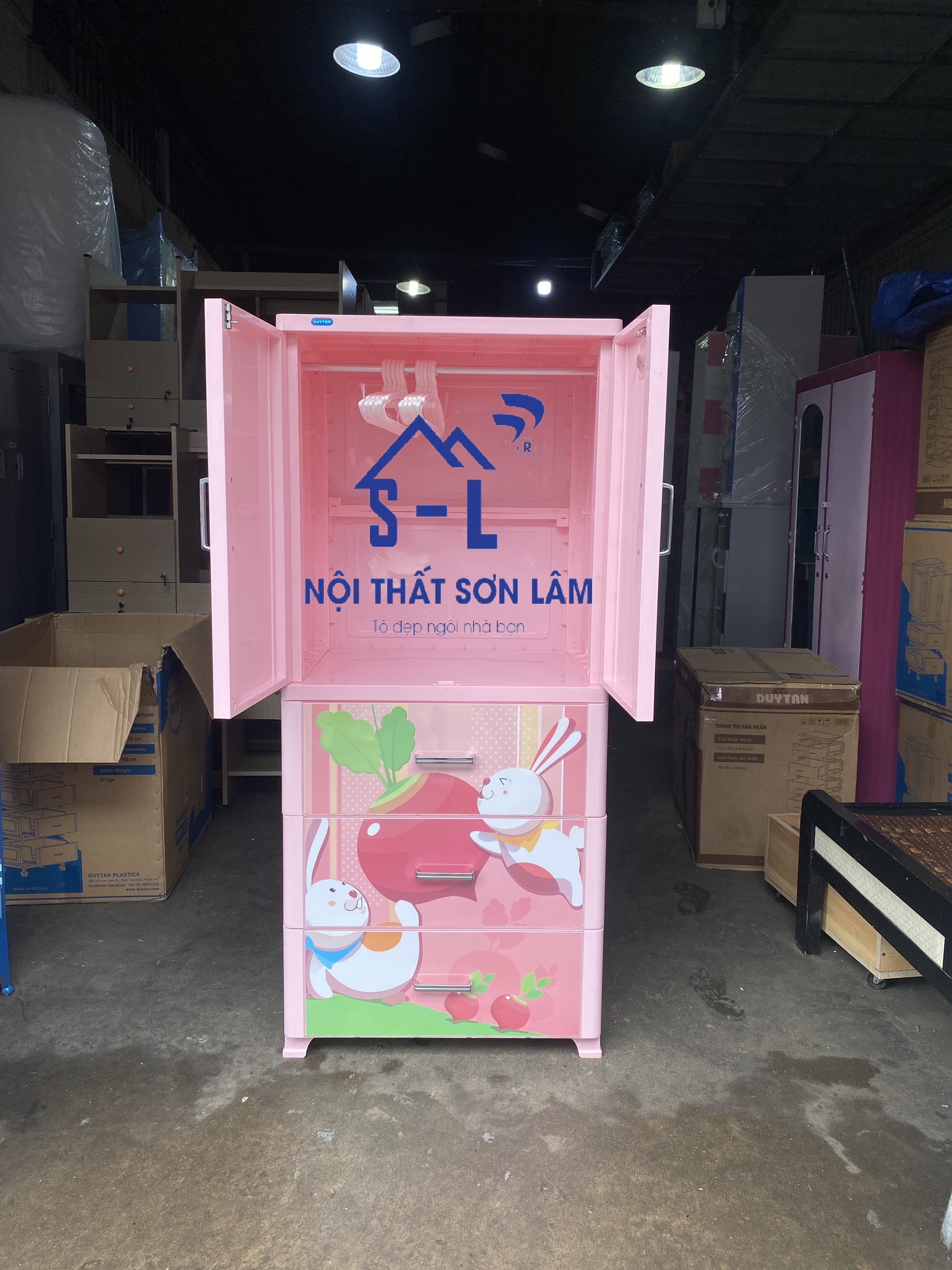 Tủ nhựa Duy Tân 2 cánh 3 hộc kéo màu hồng cho bé