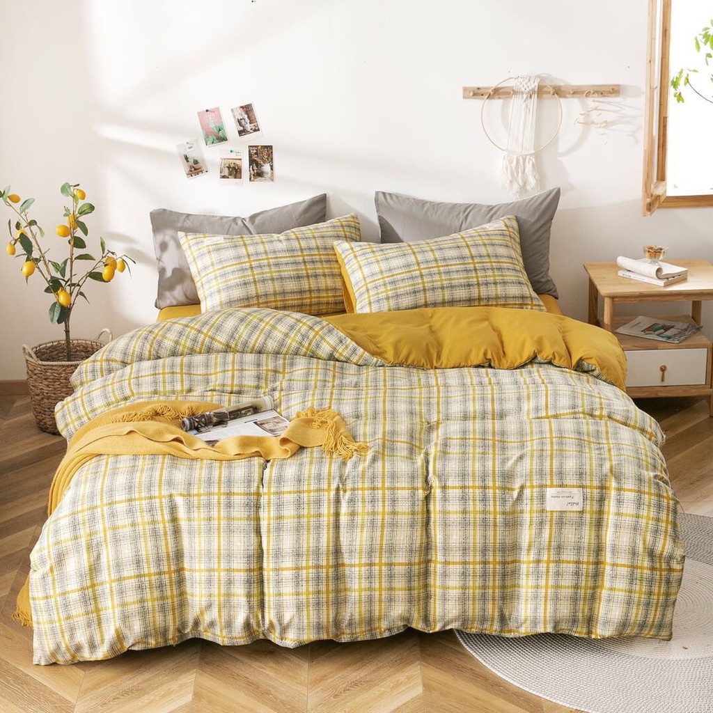 Chăn ga gối đệm EmmiBedding Cotton TC KẺ VÀNG ĐEN XƯỚC, set 4 món gồm 1 vỏ chăn, 1 ga bọc chun theo yêu cầu, 2 vỏ gối nằm, bộ chăn ga gối cao cấp chất liệu mềm mịn, thoáng mát, phối màu phong cách Hàn Quốc