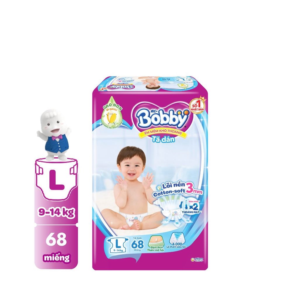 Tã Dán Bobby siêu thấm size L68 cho bé 9-13kg (khuyến mãi tùy thởi điểm)