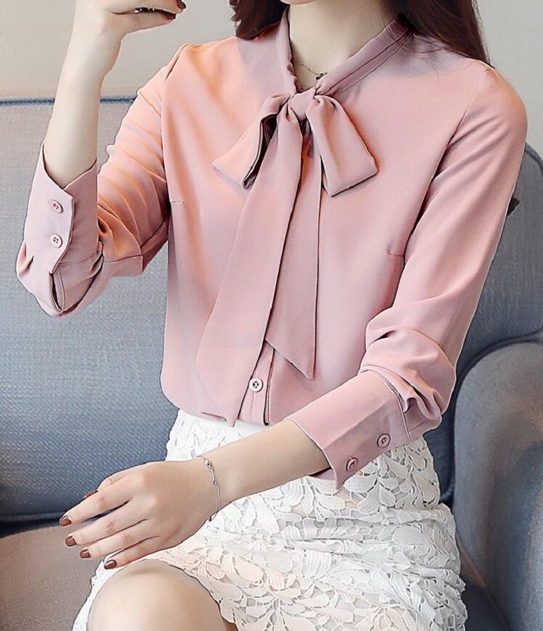 Áo sơ mi nữ kiểu tay dài cột nơ phối nút siêu đẹp